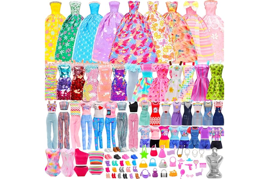 Miunana 110 Doll Clothes and Accessories Fashion Dresses Tops Pants Outfits Party Gown Mini Dresses Swimsuits Bikini Shoes Princess Hangers Handbag for 11.5 inch Doll