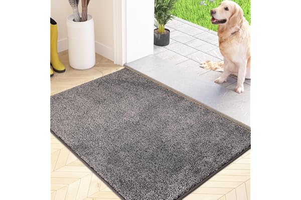 FCSDETAIL Paillasson Attrape-Poussière, Tapis de Sol Antidérapant Lavable en Machine, Tapis d'Entrée avec Microfibres Douces Absorbantes pour Chien, Entrée, Porte et Couloir, Gris Clair-noir