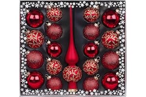 MAGIC Kugelsortiment Glas Dekor 19 TLG. mit Spitze Christbaumkugeln Christbaumschmuck Tannenbaum Deko Weihnachten Weihnachtskugeln Farbe: rot Gold