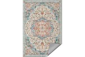 SONGMICS HOME Alfombra, Alfombra Antideslizante 120 x 170 cm para Dormitorio, Estilo Tradicional Vintage, Adorno para Salón, Cocina, Entrada, Comedor, Lavable a Máquina, Azul Verdoso TAR032Q01