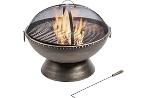 Teamson Home Large Outdoor Garden Round Wood Burning Fire Pit, Outdoor Furniture Chimenea, Firepit Heater, Metal Log Burner Fire Bowl with Lid & Poker
