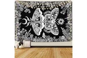 Alishomtll Butterfly Sun and Moon Black and White Tapestry, Botanical Floral Wall Hanging, Bedroom Dorm Room Decorative Wall Tapestry, Black 210x150cm