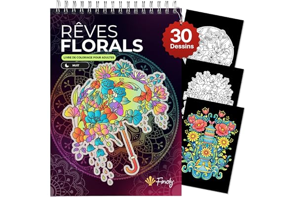 Finoly Livre Coloriage Adulte Fleurs A4 Réduit le Stress | Mandalas a Colorier Adulte Débutants et Confirmés | Cahier de Coloriage Adulte Mindfulness Anti Stress Encre qui ne Transperce Pas (Nuit)