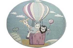 CARPETIA Dywan dziecięcy, dywan do zabawy, dywan dla niemowląt, chłopcy, balon na gorące powietrze, zwierzęta, niebieski, rozmiar 120 cm, okrągły