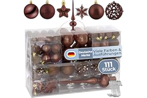 ‎COSIA cosia Weihnachtskugeln Braun Set 111 Stück - Weihnachtskugeln Kunststoff in vielen Farben & Größen inkl. S Haken Befestigung - 111 Christbaumkugeln Kunststoff - Weihnachtsbaum Kugeln