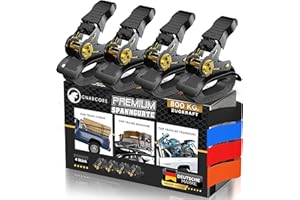 ‎GNARCORE Gnarcore© wetterfeste Premium Spanngurte mit Ratsche (4er Set) - Ohne schmerzhaftes Einschneiden Dank Griff - 4 & 6 Meter inkl. Tragebeutel, 2-in-1 Leder-Schutz & Klettbänder - bis 800 Kg