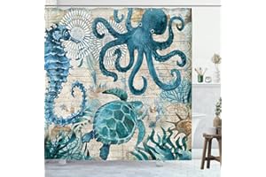 GOOESING Nautical Biological Theme Shower Curtain Blue Ocean Sea Turtles Octopus Seahorse Beach Coral Reef Vintage Nautical Map Curtain Fabric Bathroom with Hooks Washable, Teal,72 X 72 Inch