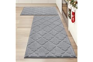 COSY HOMEER COSY HOMMER Nonslip Kitchen Rug Set 2 Pack, 51x76cm+51x122cm, 100% Polyester Absorbent Soft Kitchen Floor Mats Carpet Rug Mat Runners,Machine Washable & Anti-skid TPR Backing, Grey