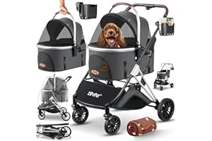 LOVPET® Poussette pour chien 3 en 1 - Grande roue pliable - Pliable à 360° - Avec fenêtre en filet et housse de protection contre la pluie - Pour petits chiens et chats