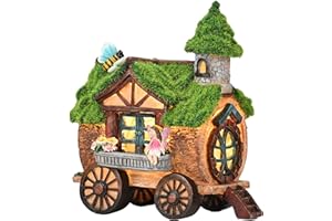 TERESA'S COLLECTIONS Flocked Carriage Fairy House for Garden Ornaments Outdoor with Solar Lights, Waterproof Resin Cottage Garden Statues Figurine Garden Gifts for Patio Lawn Decoration, 21cm