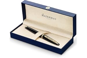 Waterman Carène Black Sea Fountain Pen, High-Gloss Black & 23k Gold Clip,Medium Nib with Blue Ink Cartridge, Gift Box