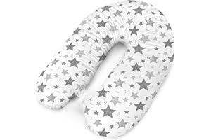AMILIAN Coussin d'allaitement, de positionnement latéral, idéal pour la grossesse et les petits bébés, en coton, avec rembourrage et housse, 170 cm, au motif d’étoile filante, gris