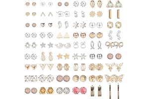 CASSIECA 54 Pairs Assorted Multiple Stud Earrings Set With Card for Women Girls Simple Small Bar Stud Earring Cute Animal Faux Pearl Cat Star CZ Leaf Earring Heart Geometric Pattern Earring