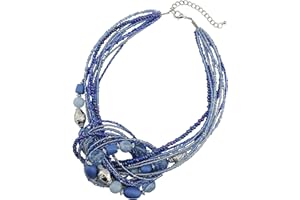 BOCAR Collana multistrato in oro anticato con perline in acquamarina