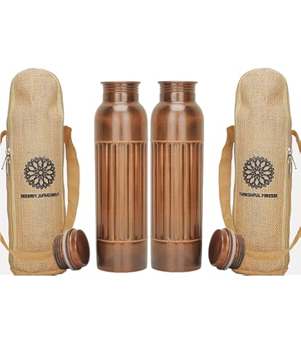 Bouteille Yoga Méditation Bouteille D'eau En Cuivre FURNISHFUL FINESSE - 1000 Ml Ayurvédique - Avec Sac De Transport - Pur Cuivre Bouteille Bleue En Verre Eau Solarisee