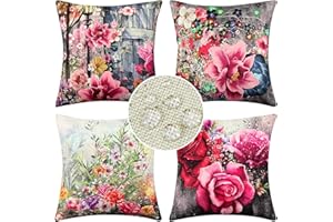 ETOLISHOP Funda Cojines Funda de Almohada para Cojín Exterior Impermeable Lino Patrón de Flores Decorativa Cuadrado Juego para Sala de Estar sofás Camas Dormitorio Coche Jardín Silla 45x45cm Juego de 4