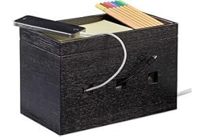 Relaxdays Bambusowa skrzynka kablowa, listwa zasilająca i kabel, biurko do zarządzania kablami, 16,5 x 25,5 x 14 cm, kolor czarny