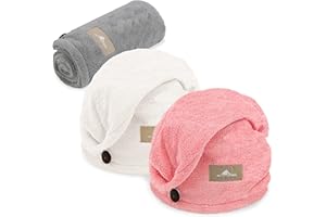 myHomeBody Microfiber Hair Towel Wrap For Quick Dry, 3 Colors + 1 Scrunchie Microfiber Hair Towels Set, Pink, Grey, White, Soft Texture & Suitable For All Hair Types