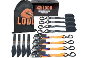 LODD - 4 Cinghie di Ancoraggio con Cricchetto - 4m x 25mm, Resistenza 800 kg - Ganci Plastificati e Fibbie Flessibili - Ideale per Bagagli, Rimorchi, Biciclette e Scooter - Norma EN 12195-2