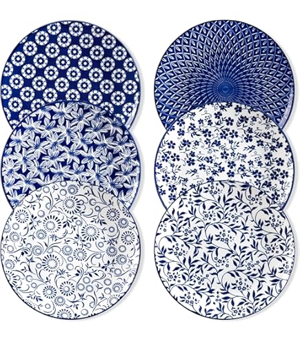 Service De Table AHOI 12 Pièces - Porcelaine Bleu & Blanc Motifs Marins (6 Assiettes Plates + 6 Creuses)