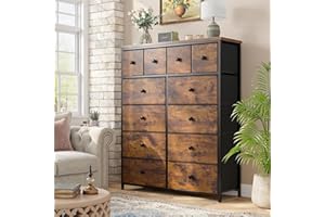 EnHomee Chest of Drawers, 12 Drawer Chest of Drawers with Easy Pull Handle, Tall Chest of Drawers for Bedroom, Fabric Drawers for Hallway, Storage Living Rooms, Closet, Rustic Brown