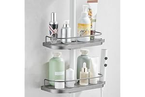 FIISAYL Etagere douche sans Percage Rangement Salle de Bain Organisateur Support Hauteur Réglable avec Support Pomme Douche, s'adapte à la Barre Douche 18-25mm Rond Gris 2 unité