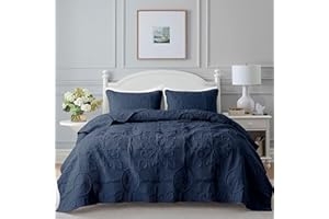 B2EVER Navy Blue Damask Quilt King Size Bedding Sets with 2 Pillow Shams, Boho Bedspread Lightweight Soft Farmhouse Vintage Bohemian Coverlet Retro Jacquard Pattern Bed Cover for All Season, 3 Pieces