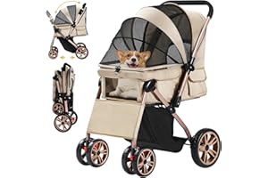 DWVO Dog Buggy 3-in-1 Dog Box Transport Bag, Foldable Cat Pram up to 22 kg, 360° Wear-resistant EVA Wheels, Storage Basket, Mesh Windows, 58.5 x 76 x 105 cm, Dog Trolley for Small Dogs (Beige)