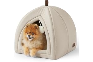 Bedsure Cama para Gatos Grande - Cueva para Gatos 44 x 44 x 44 cm, Casa para Gatos de Interior con Cojín Sherpa Extraíble y Juguete Colgante, Cama Lavable, Blanco Roto