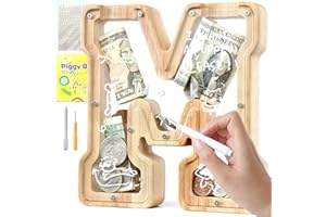 Lakpopya Salvadanaio in Legno per Bambini Personalizzato A-Z Apribile Trasparente per Decorazione Regalo Battesimo (M)