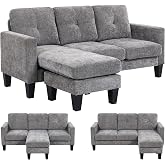 HOMCOM Reversible Chaise Longue Sofa, L-Shaped 3 Seater Sofa, Chenille Upholstered, Padded Seat and Back, Steel Frame, 186 x