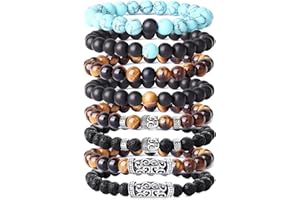 YADOCA 8 PCS 8 MM Bead Bracelets pour Hommes Pierre Volcanique Jaune Oeil De Tigre Bracelet Bouddha Bracelet Rock Gothique Punk Élastique Bracelet Ensemble