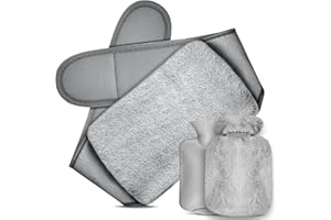 Gucass 3 en 1 Bouillotte Ceinture, Bouillottes Regles Douloureuses, 1L Bouteille Eau Chaude avec Housse Peluche et Ceinture, Bouillotte Ventre pour Chauffe Main Cou épaule Dos Taille(Gris)