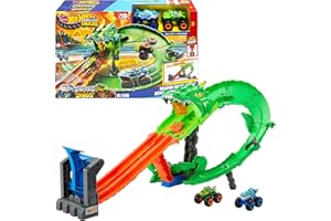Hot Wheels Monster Trucks pista giocattolo squali vs. dinosauro, distruzione del drago, per bambini dai 4 anni in su