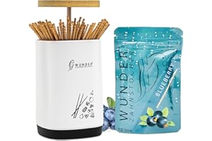 ‎PERFEKTO24 Zahnstocherspender von Wunder Zahnstocher - Spender mit easy-lift Funktion - Zahnstocherhalter + 1 Refill Pack (100 Zahnstocher) - Zahnstocher mit Geschmack (SPENDER + BLAUBEERE REFILL)