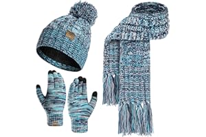 INSISMY Hat Scarf Gloves Set Women's Beanie Hat Long Scarf and Thermal Touch Screen Gloves Set 3 PCS Soft Warm Winter Knitted Pom Cap Set for Ladie