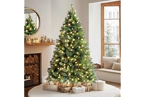VeryMerry 7FT 'Snowhill' Pre Lit Christmas Tree with 400 Built-In Warm White LED Lights with Auto-Off Timer, 8 Lighting Modes and Foldable Metal Stand