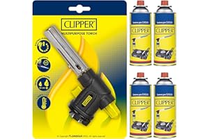 Clipper - Soplete Multiusos + Cartucho de 400ml de Gas Universal (4 uds) | Válvula GLP250 | Ideal para Flamear, Caramelizar y usar en Barbacoas | Cocina & Acampada