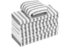 gryeer 8 Pack Microfibre Tea Towels, Super Absorbent, Soft and Thick Kitchen Towels, Check designed with Hanging Loops, 65 x 45 cm, Grey