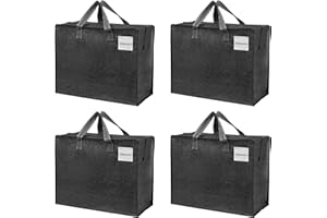 VENO 50 L Sac de Rangement Moyen, Sac Demenagement Pliable avec Fermeture Eclair et Poignées, Sac Voyage, Sac Rangement Vêtements Durable pour le couettes et draps (S Noir, Lot de 4)