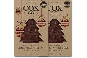 COX & CO Cox&Co. Christmas Chocolates - 2 x 50g Raw Cacao Nibs 85% Dark Chocolate Christmas Tree bars in a Gift Box - Luxury Single Origin Colombian Cacao - Sustainable Gifts