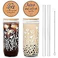 ANOTION Floral Coffee Cups, Mason Jars with Lids and Straws Glass Cups with Wildflower Bamboo Lid Iced Coffee Cups Tumbler Drinking Glasses Travel Coffee Mug Gift for Women Sister Mom