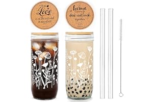 ANOTION Tazze da caffè floreali, barattoli con coperchi e cannucce, tazze di vetro con coperchio in bambù a fiori selvatici, tazze da caffè ghiacciate, bicchieri da viaggio, regalo per donne, sorelle,