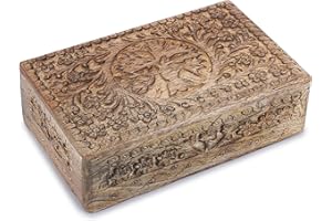 Ajuny Handgeschnitzte dekorative Holzkiste mit Lebensbaum-Schnitzereien, vielseitig verwendbar als Schmuck-Aufbewahrungsbox, Trinket-Halter oder Uhrenbox, ideal für Geschenke