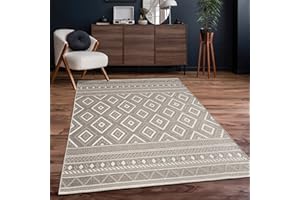 Paco Home Alfombra Exterior Interior Balcón Terraza Cocina Motivo Boho Étnico Moderno, tamaño:200 cm Cuadrado, Color:Arena