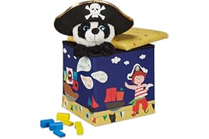 Relaxdays Taburete Almacenaje Infantil, Diseño Piratas, Asiento Plegable Almacenamiento, 31 x 31 x 31 cm, Azul/Amarillo