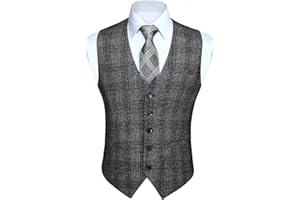 HISDERN Gilet da Abito da Uomo a Quadri Classico Elegante Panciotto Uomo in Cotone Formale Casual Scozzese Senza Maniche da Matrimonio con Tasche