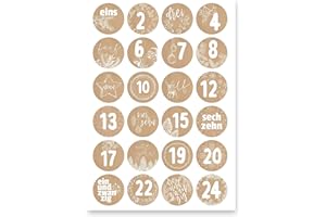 GENTLE NORTH Adventskalender Aufkleber (Zahlen 1-24) - Sticker für Kalender zum selber basteln für Weihnachten - Adventskalenderzahlen Etiketten selbstklebend - Zahlenaufkleber - Nummern für Papiertüten - Rund