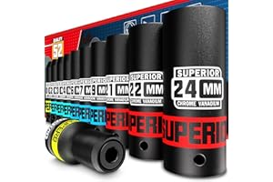 KIRXST Juego de 11 Piezas Vasos de Impacto 1/2'', 10-24 mm Llaves de Vasos Impacto Set con Adaptadore 1/2" a 1/4", Dados de Impacto Para Muebles, Auto Reparación