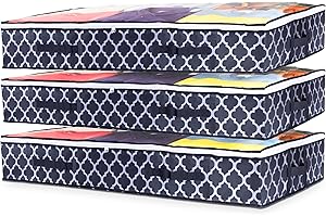 Stackzy Flat Clothes Underbed Storage Bags – Sturdy Fabric Storage Solution – Foldable Underbed Container and Closet Organiser – Storage Bin for Clothes – Striped, 3pcs 75L Capacity